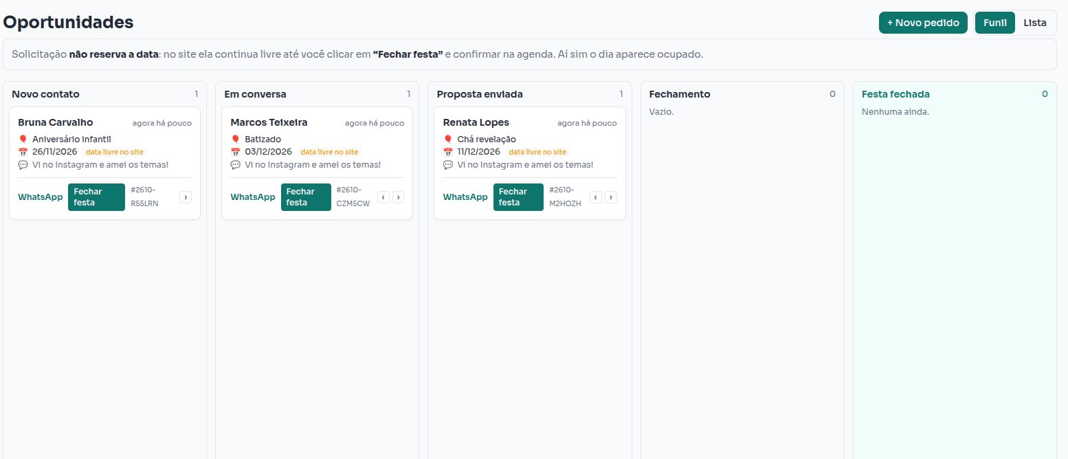 Funil de clientes no painel do Festello, com colunas de etapas e cartões de pedidos